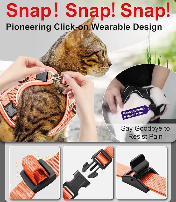 Cat Harness and Leash for Walking Escape Proof Soft Adjustable Cat Leash Breathable Comfortable Vest Easy to Wear Kitten Harness for Outdoor Travel Orange M