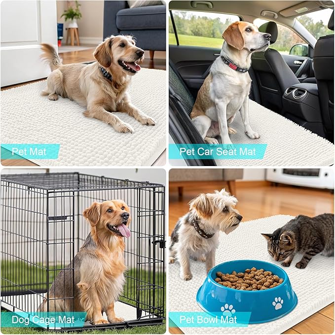 OLANLY Dog Door Mat for Muddy Paws 24x16, Absorbs Moisture and Dirt, Absorbent Non-Slip Washable Doormat, Quick Dry Chenille Mud Mat for Dogs, Entry Indoor Entryway Carpet for Inside Floor, Ivory