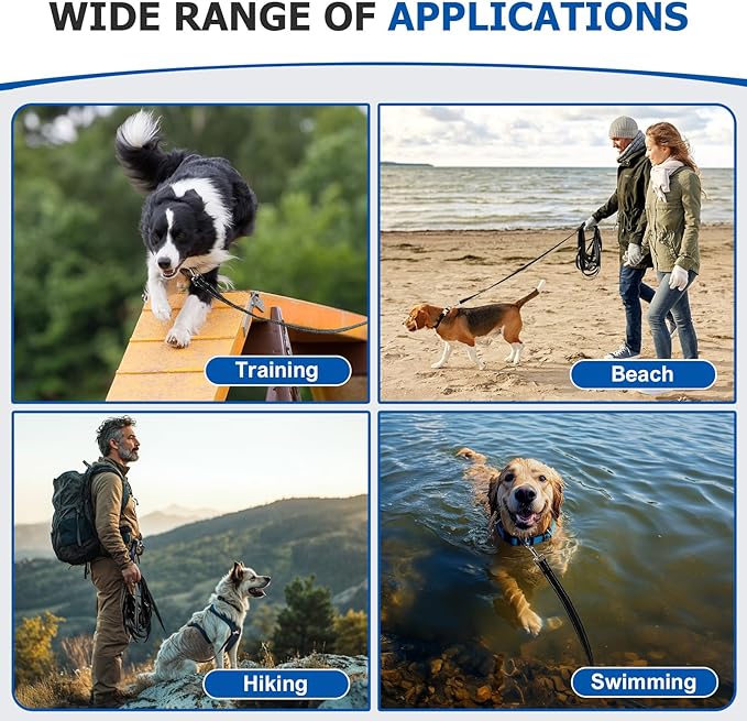 Reflective Dog Leash–10FT/16FT/30FT/50FT/100FT Durable Nylon Training Leash with Heavy-Duty Metal Clasp, High Visibility for Night Walking, Perfect for Small, Large Dogs (Black, 100FT)