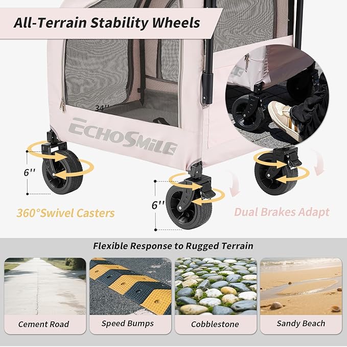 EchoSmile 4 Wheels Pet Stroller, Foldable Dog & Cat Stroller for All-Season, Lightweight Carrier with Storage Basket, Adjustable Handle, Removable Pad, Breathable Mesh, Up to 135 lbs, Pink