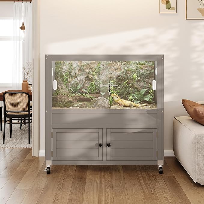 40 Gallon Reptile Tank with Storage Cabine,Bearded Dragon Tank with Stand,Reptile Enclosure with Sturdy Locks, Heat-Resistant Mesh Top, Adjustable Cabinet and 4 Wheels