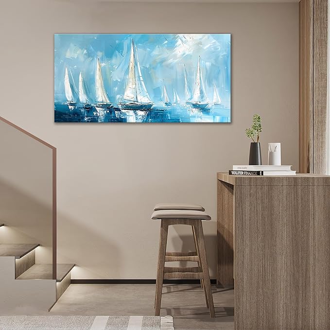 Large Blue and White Sailboat Wall Art Nautical Sails Canvas Living Room Ocean Pictures Framed Prints Oversize Wall Decor Painting Artwork for Bedroom Dining Office Home 60"x30"