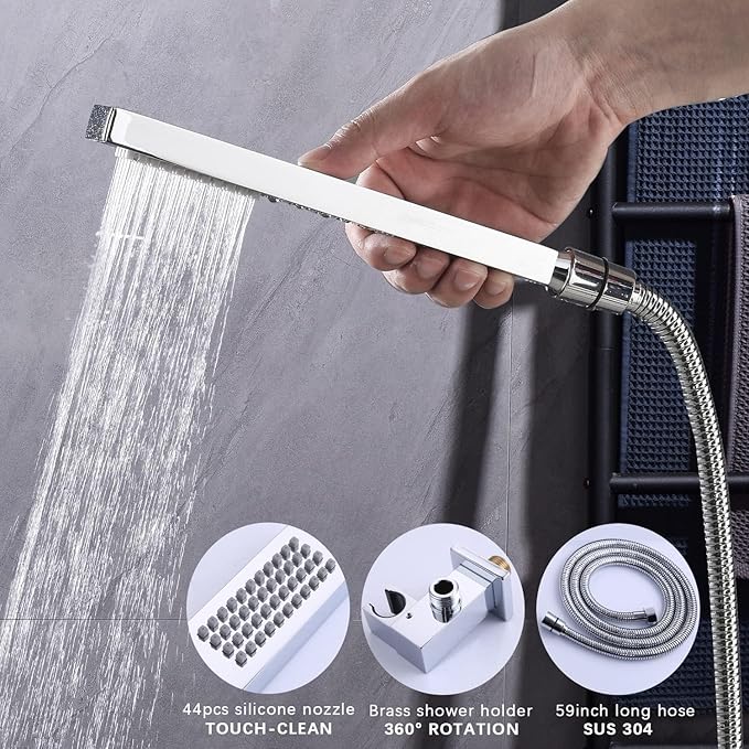 Digital Display Chrome Shower System with 12 inch Ceiling Mounted Shower Head and 8 inch Wall Mounted Shower Head, with Handheld Shower
