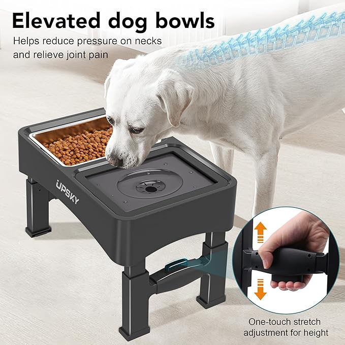 UPSKY 3-in-1 Elevated Dog Bowls Slow Feeder, Adjustable Stand, Stainless Steel Food & No Spill Pet Water Bowl for Small Medium Dogs