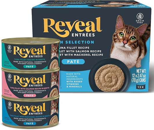 Reveal Entrées Natural Wet Cat Food Paté, Grain-Free with Added Vitamins & Minerals, Carrageenan-Free Fish Variety Selection Paté (12 x 2.47 oz Cans)