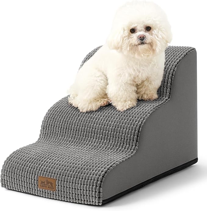 Dog Stairs for Small Dogs 15.7" H, Curved Dog Step for Puppy, Older Cat, Medium Pet Ramp for Sofa, Couch or Chair, Ladder with High Density Foam, 15.7x22.4x15.7 inch, 3 Step, Light Grey
