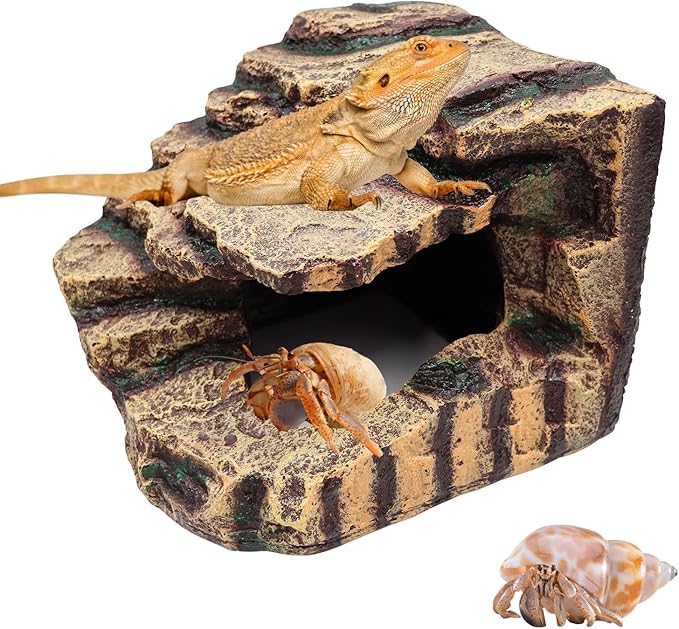 Oooct Hermit Crab Hideout, Resin Simulation Stone Reptile Cave Hideout, Hermit Crab Climbing Toys, Terrarium Habitat Decor for Lizard Spider Aquarium Fish Gecko Bearded Dragon
