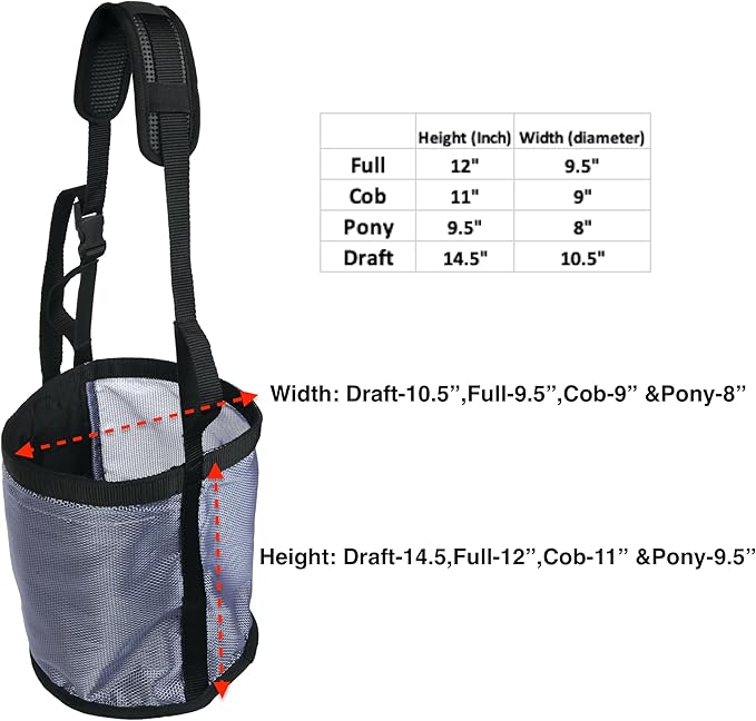 Majestic Ally Horse Feed Bag, Heavy Duty Nylon Mesh Grain Feed Bag, Adjustable Strap with Durable Snap and Elastic Straps, Comfort Neck Pad and Nose Pad- Large (Draft, Dark Gray)