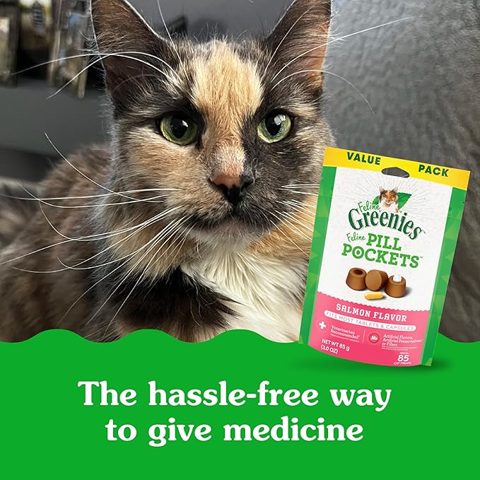 Greenies Feline Pill Pockets for Cats Natural Soft Cat Treats, Salmon Flavor, 3 oz. Pouch (85 Treats)