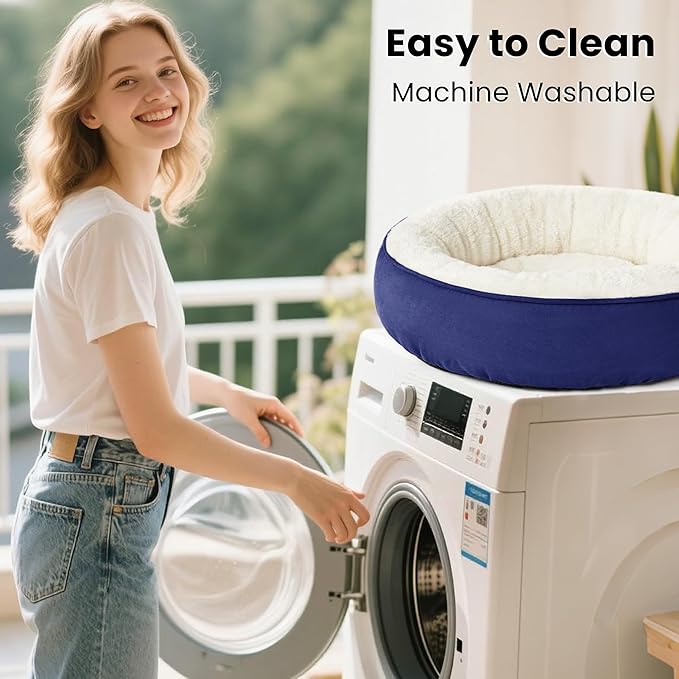 Love's cabin Round Donut Cat and Dog Cushion Bed, 30in Pet Bed for Medium or Large Dogs, Anti-Slip & Water-Resistant Bottom, Soft Durable Fabric Pet beds, Washable Calming Cat & Dog Bed Navy