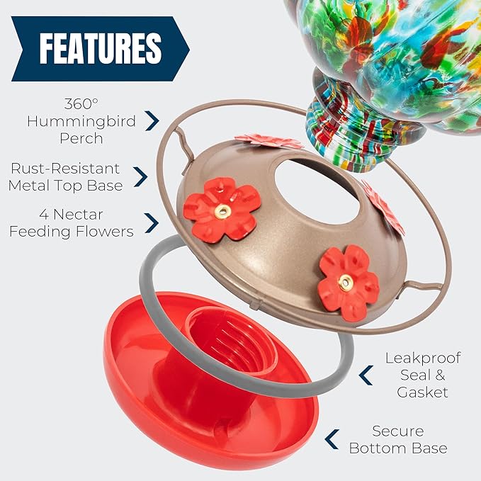 MEKKAPRO Glass Hummingbird Feeders for Outdoors 45oz, Decorative Feeder with Blown Glass Design for Outdoors Hanging and Backyard, Easy Fill with 4 Nectar Feeding Flowers (Sky Blue)