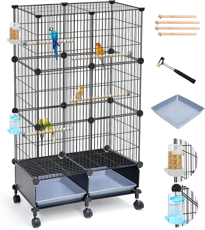 46-Inch Bird Cage, with Wooden Perches, Metal Parakeet Cage with Slide-Out Tray, Water Bottle & Feeder, Bird Cages for Parrot, Parakeets, Cockatiel, Lovebird, Pigeon and Small Mid-Sized Birds