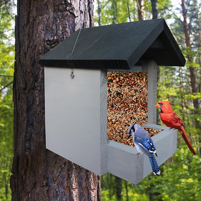 Hanging Wooden Platform Bird Feeder – Outdoor Tray Bird House Feeder for Cardinals and Wild Birds – Flat Platform Feeders for Backyard and Garden Use (Grey)