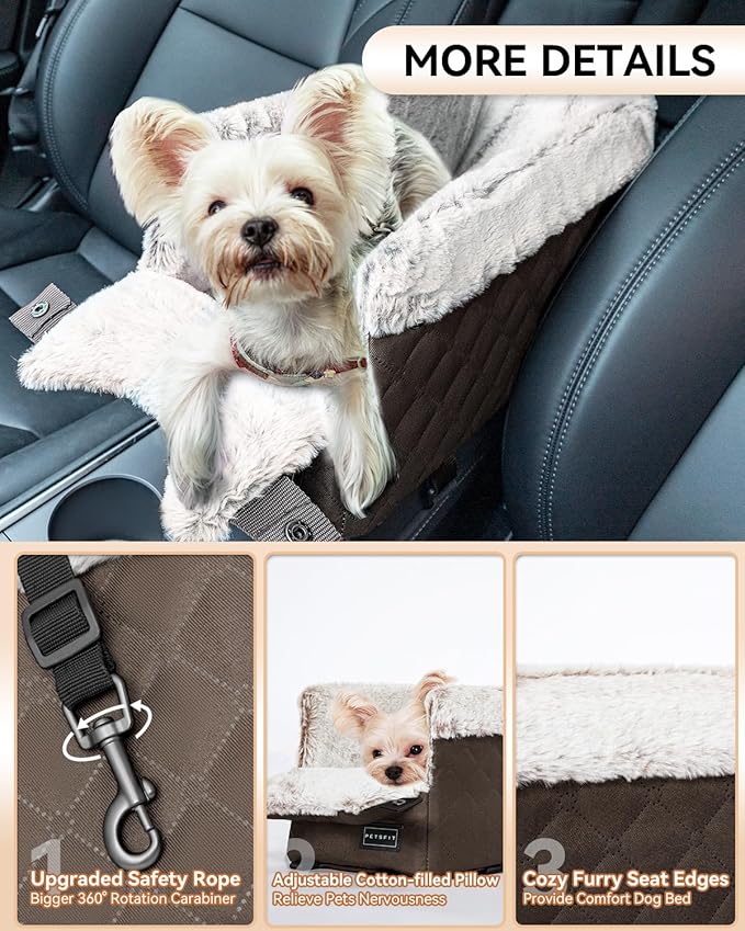 PETSFIT Center Console Dog Car Seat with Safe Protection Hooks, Pet Car Seat with Upgraded Safety Tethers, Washable Cushion, Console Dog Car Seats for Small Dogs (Coffee)