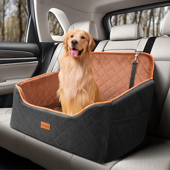 Dog Car Seat for Medium Dog, Booster Seat for Dogs Under 55lb, Elevated Pet Seat with Pocket, Anti-Slip Bed for Car, Perfect for Back Seat & Trunk with 2 Safety Leashes (Black/Brown, Large)