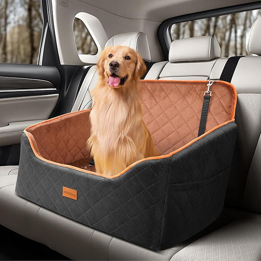 Dog Car Seat for Medium Dog, Booster Seat for Dogs Under 55lb, Elevated Pet Seat with Pocket, Anti-Slip Bed for Car, Perfect for Back Seat & Trunk with 2 Safety Leashes (Black/Brown, Large)