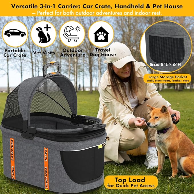 PAWZIDEA Pet Stroller 4 in 1, Dog Strollers with Detachable Carrier No-Zip Canopy, Portable Pet Crate for Car Seat Travel, Foldable & Lightweight Jogger for Small/Medium Dogs and Cats, Storage Basket