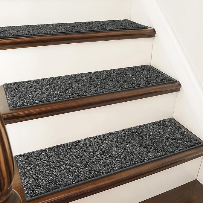 COSY HOMEER Edging Stair Treads Non-Slip Carpet Mat 28inX9in Indoor Stair Runners for Wooden Steps, Edging Stair Rugs for Kids and Dogs, 100% Polyester TPE Backing (10pc, Black)
