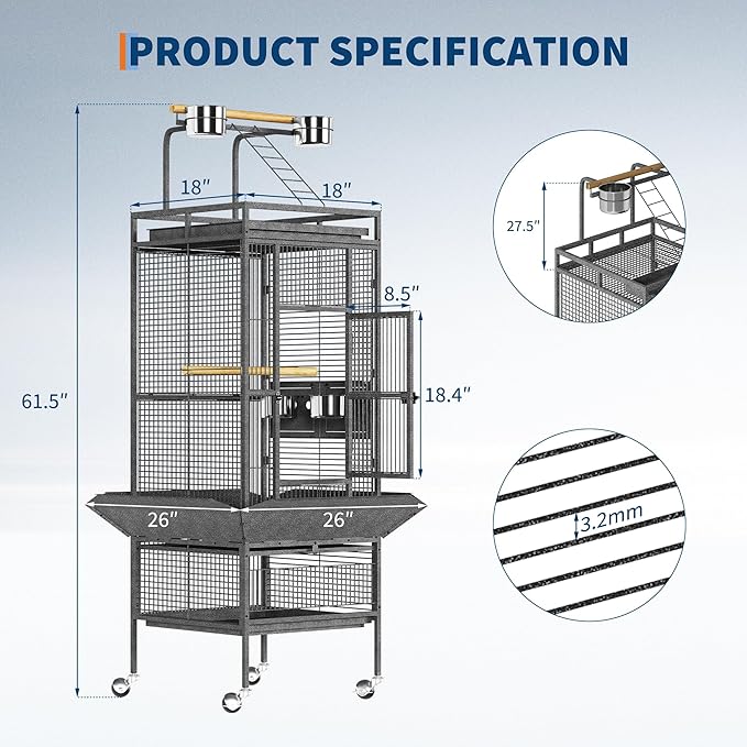Large Bird Cage 61-inch Playtop Metal Bird Cages with Rolling Stands, Feed Bowls for Parakeets, Conures, Parrot Cage for Medium Large Parrot Cage with Slide-Out Tray Seed Guard, Black