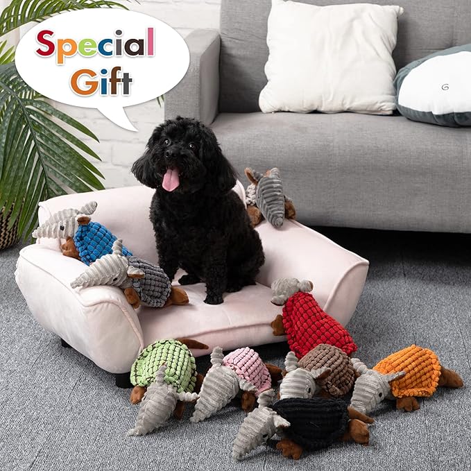 Hollypet Plush Dog Squeaky Toy Stuffed Armadillo Animal Pet Puppy Chew Toys with Clean Teeth for Small Medium Large All Breed Sizes Dogs, Pink, 8 in