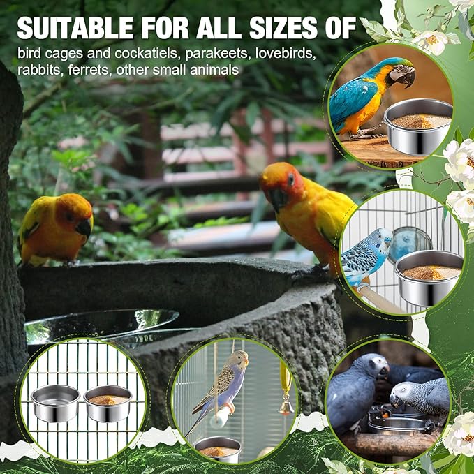 Sabary 6 Pcs Bird Feeding Dish Cups Stainless Steel Bird Bowls for Cage Parrot Food Bowl 10 Oz Birds Water Bowl for Parakeet Conure Cockatiels Lovebird Budgie Chinchilla African Greys Small Animal