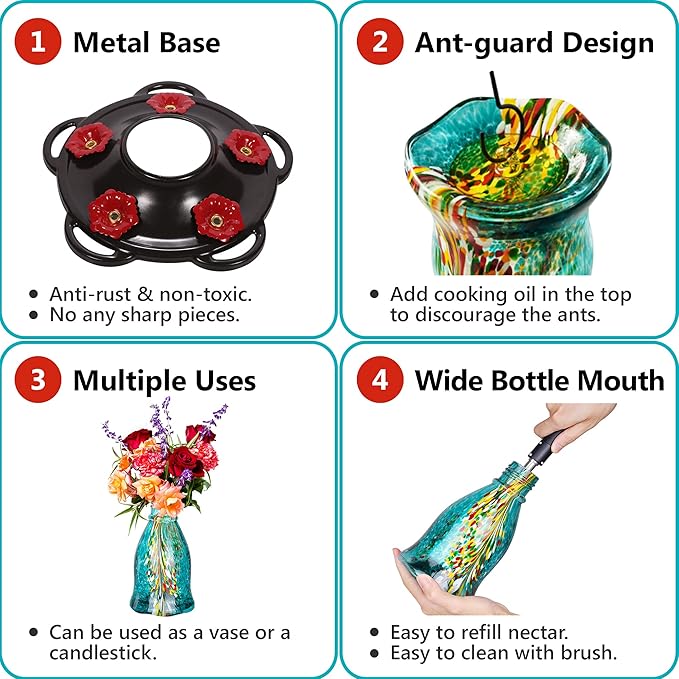 LUJII Hummingbird Feeders for Outdoors with Ant Guard, Blown Glass Hummingbird Feeder for Outside Hanging, 25 fl.oz, Never Leak, Unfading & Anti-Rust, Flower Vase, Garden Backyard Patio Decor, Blue