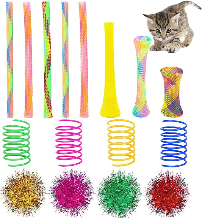 ISMARTEN 45-Piece Cat Toy Set - Springs, Balls, Tube, Pom Poms for Kittens to Swat, Bite, Hunt (Random Color)