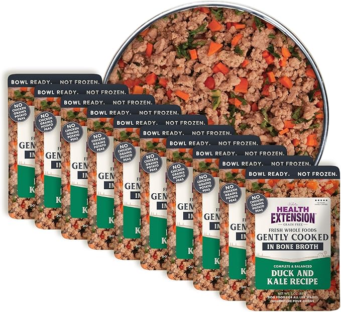Health Extension Gently Cooked Grain-Free Duck & Kale Dog Food, Human-Grade & Shelf-Stable with Superfoods, Supports Digestion, Immunity, Skin & Coat, 3 oz Pouch (Pack of 10)