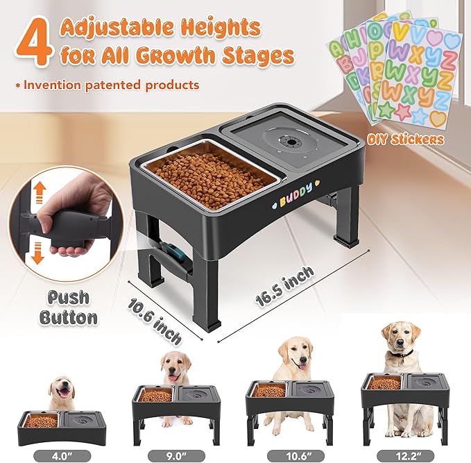 Decflow 2-in-1 Elevated Dog Bowls, 4 Height Adjustable Raised Dog Bowls with Stainless Steel & No Spill Water Bowl, DIY Stickers Foldable Pet Bowl for Medium Large Dogs(Not Included Slow Food Bowl)