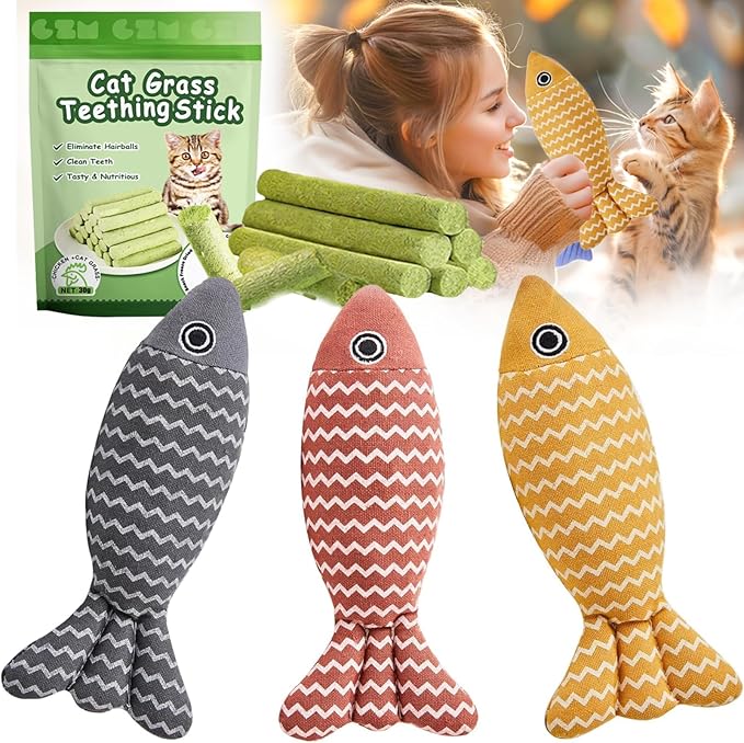 Cat Toys for Indoor Cats 9pcs Wavy Fish Toy Catnip Toys Cats Interactive Toys Kitten Dental Gifts Cat Kicker Grass Stick Kitty Chew Plush with Bells