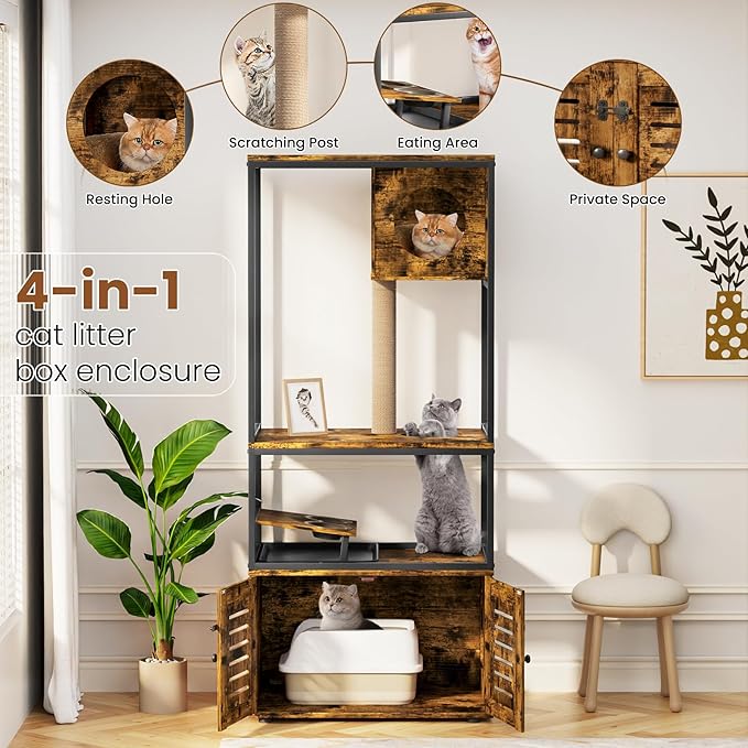 Lamerge Cat Tree with Litter Box Enclosure, All-in-1 Large Cat Litter Box Enclosure, Cat Condo with Scratching Posts and Cat Feeding Bowl, Rustic Brown