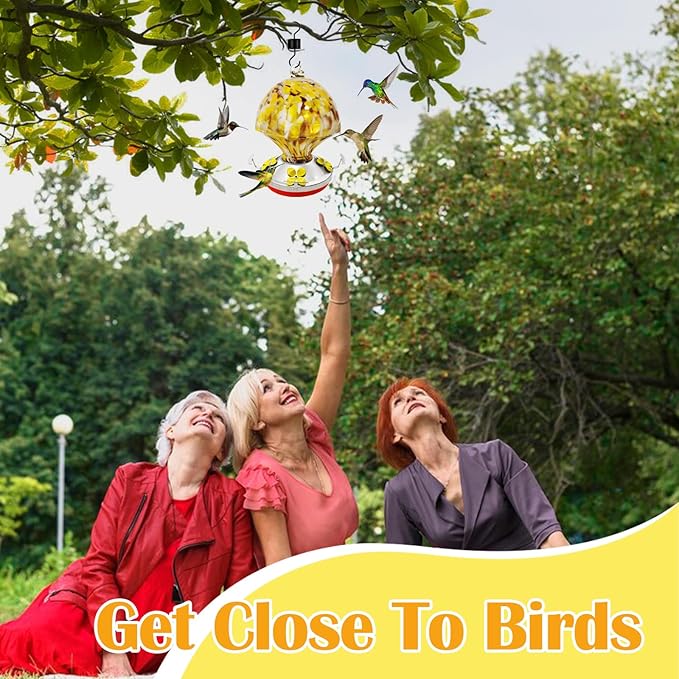 ruiyi itm Glass Hummingbird Feeder with Ant Moat 25.4 OZ Large Capacity Hand Blown Glass Yellow Hanging Bird Feeder for Backyard Garden Outdoors Decorations with S Hook Brus Gift for Bird Lovers