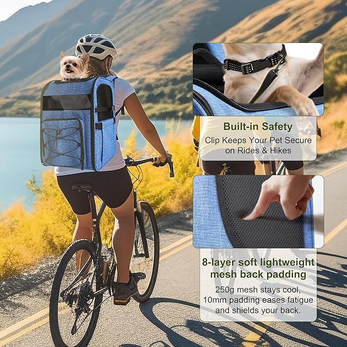 Dog Carrier Backpack for Small Dogs - Breathable Mesh Hiking Bag with Safety Buckle, Adjustable Straps and Standard Pad - Durable for Hiking (Fits Small Cats Too, Up to 17lbs, Blue)