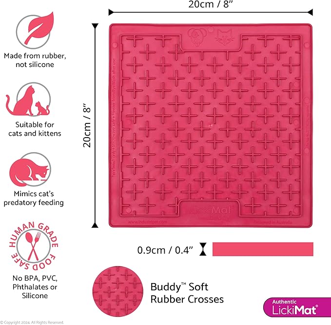 LickiMat Classic Buddy, Cat Slow Feeder Lick Mat, Boredom Anxiety Reducer; Perfect for Food, Treats, Yogurt, or Peanut Butter. Fun Alternative to a Slow Feed Cat Bowl or Dish, Pink