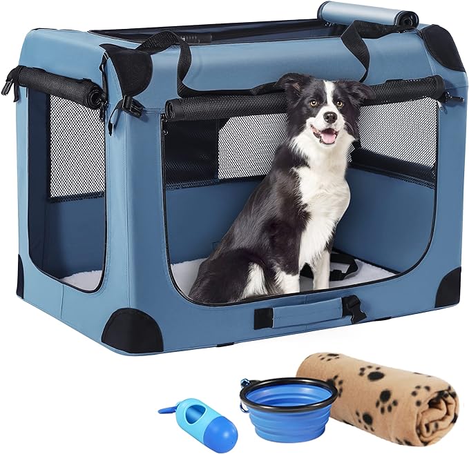 Petprsco Portable Dog Crate - 32"x23"x23" Collapsible Dog Travel Crate for Medium/Large Dogs with Soft Blanket, Foldable Bowl & Poop Bag Dispenser - Indoor & Outdoor Use