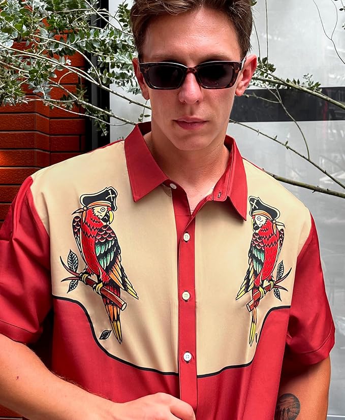 Men’s Hawaiian Shirt Western Cowboy Symmetrical Print Short Sleeve Button Down Casual Beach Holiday Summer Shirt