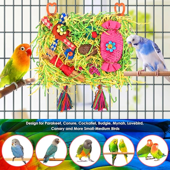 KATUMO Bird Toys - Large-Sized Grass Mat with Colorful Parrot Foraging Shredder Hanging Toys for Conure and Other Birds