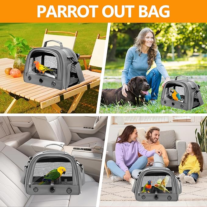 Bird Backpack,with Feeder Cups Tray Perch Portable Breathable Bird Carrier,for Small Birds Parrots Cockatiels (Gray)