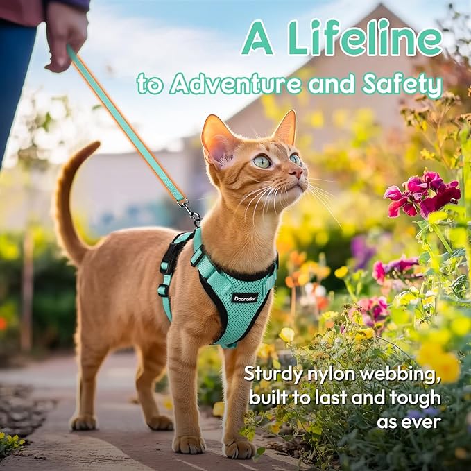Dooradar Cat Harness and Leash Set, Escape Proof Safe Adjustable Kitten Vest Harnesses for Walking, Easy Control Soft Breathable Mesh Jacket with Reflective Strips for Cats, Green, XXS