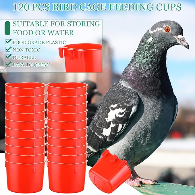 120 Pcs Cage Cups Chicken Birds Feeder Cups Plastic Hanging Chicken Feeders and Waterers 8 oz Feeding Bowl for Gamefowl Supplies Pet Pigeon Poultry Parrot Parakeet Rooster Rabbit(Red)