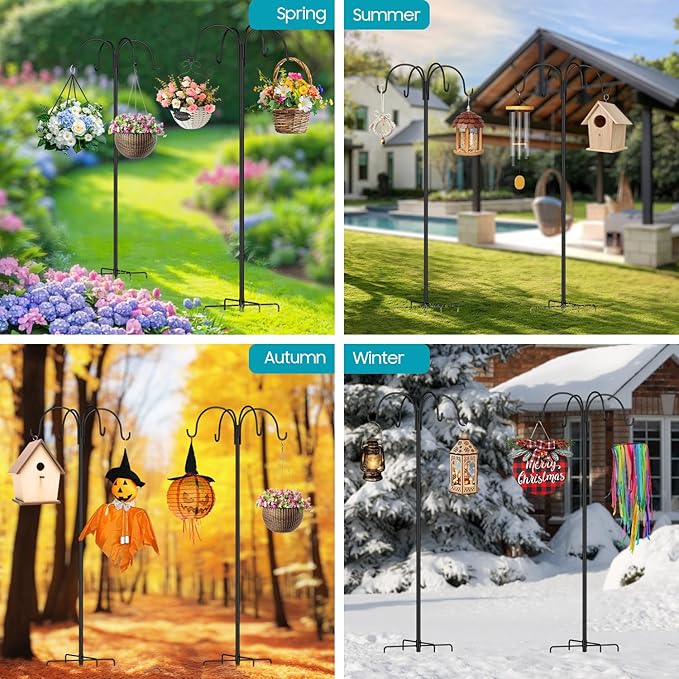 4-Hooks Shepherds Hooks for Outdoor,103'' Bird Feeder Pole with 5-Prong Base,Adjustable Bird House Stand Hanger for Garden Plant,Hummingbird Feeders, Lanterns, Wind Chime