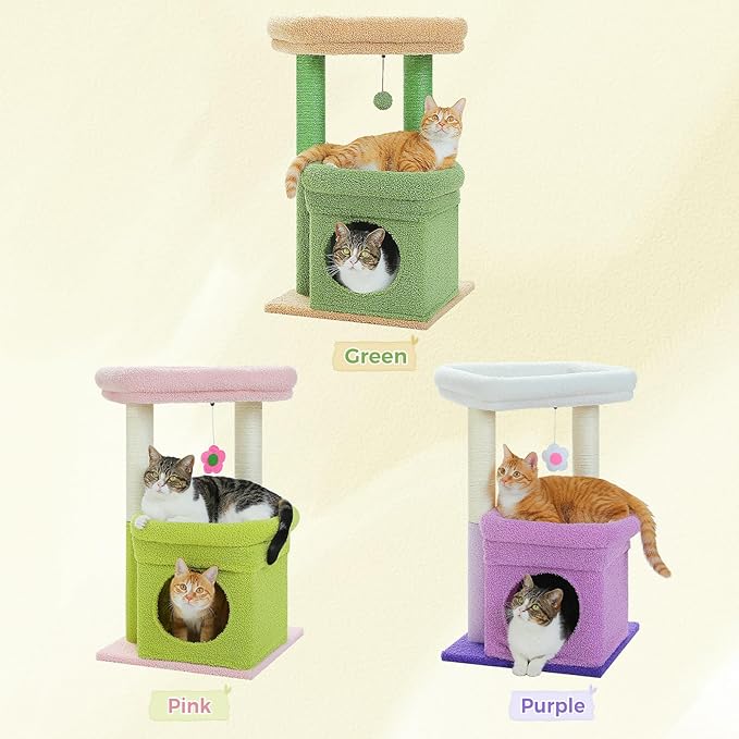 PEQULTI Cat Tree Flower Cat Tower for Indoor Cats with Private Cozy Cat Condo, Natural Sisal Scratching Posts and Plush Pom-pom for Small Cats, Purple