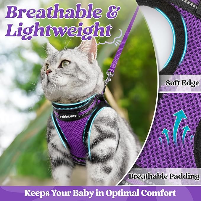 rabbitgoo Cat Harness and Leash Set for Walking Escape Proof, Adjustable Soft Kittens Vest with Reflective Strip for Cats, Comfortable Outdoor Vest, Purple, S