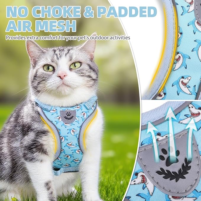 PUPTECK Cat Harness and Leash Set Escape Proof Reflective Cat Walking Harness Adjustable Soft Breathable Mesh Vest for Small Pets, Blue Sharks, S