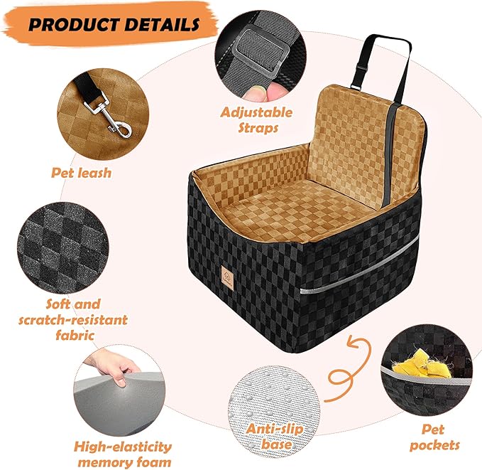 Dog Car Seat for Small and Medium Dogs Up to 35 lbs –Memory Foam Dog Booster Seat with Safety Leash & Storage Pockets, Fits Front & Back Car Seats, Removable Washable Cover – Black & Brown