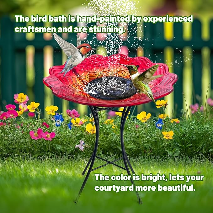 HONGLAND Bird Bath for Outside-Bird Baths for Outdoors-Glass Large Birdbaths Bowl with Metal Stand for Garden Patio Lawn Decor, 15" Dia/19 Height
