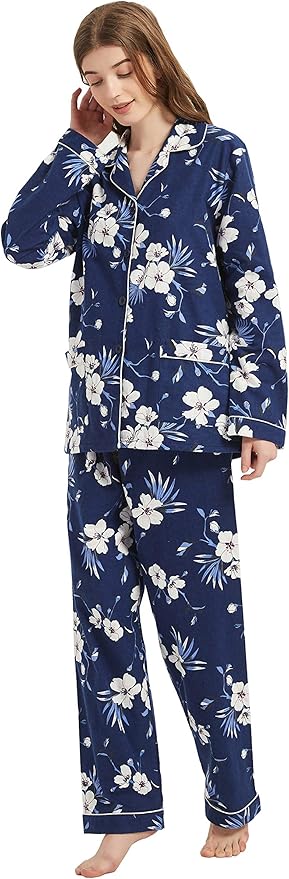 GLOBAL Flannel Pajamas for Women 2-Piece Comfy and Cozy Flannel Pj Set Cotton Loungwear