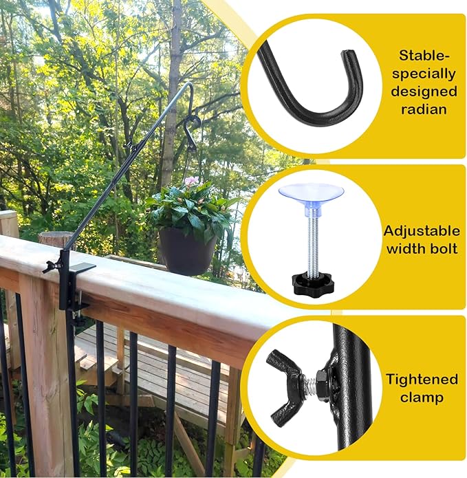 Heavy Duty Deck Hook, 31 Inch Deck Bird Feeder Hanger for Railing, Extended Metal Deck Hooks for Hanging Bird Feeders, Plants, Wind Chimes, Suet Baskets, Lanterns, 360° Swivel, Clamp Mounted, 2 Pack