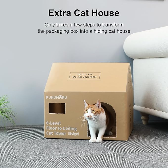 FUKUMARU Floor to Ceiling Cat Tree, 6 Level Adjustable Height (6-10 ft) Climbing Tower with Thickened Scratching Posts, Cats Activity Center with Cozy Hammock - Beige