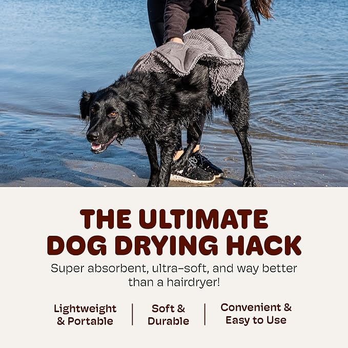 Dog Gone Smart The Dirty Dog Shammy - Fast Drying Plush Shammy Towel with Dual Hand Pockets and Elastic - Super Absorbent Microfiber and Machine Washable - Grey